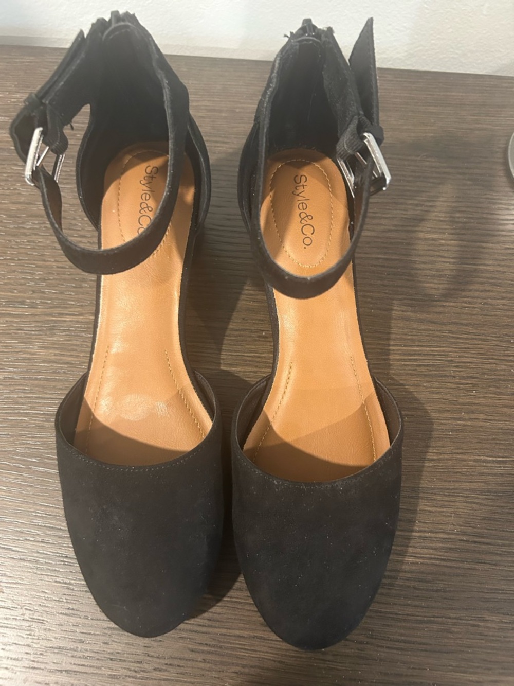 Black suede ankle strap shoe